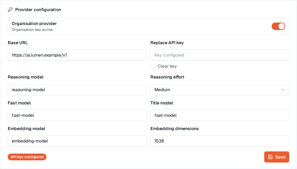 TOW organisation AI settings showing provider endpoint, models, and API-key status.