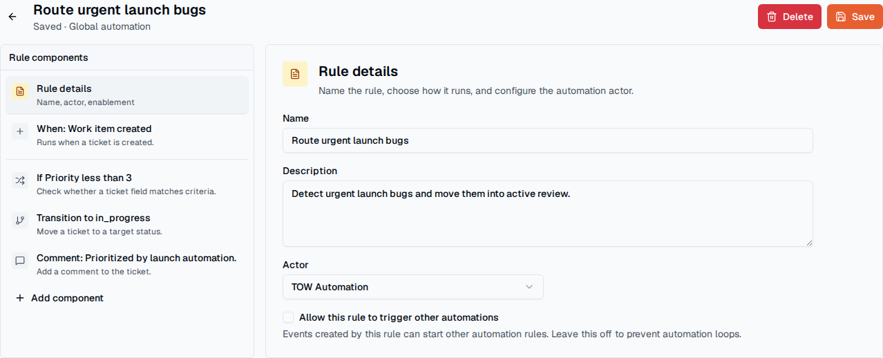 TOW-Automatisierungseditor mit einem vollständig konfigurierten Auslöser-, Bedingungs- und Aktionsworkflow.