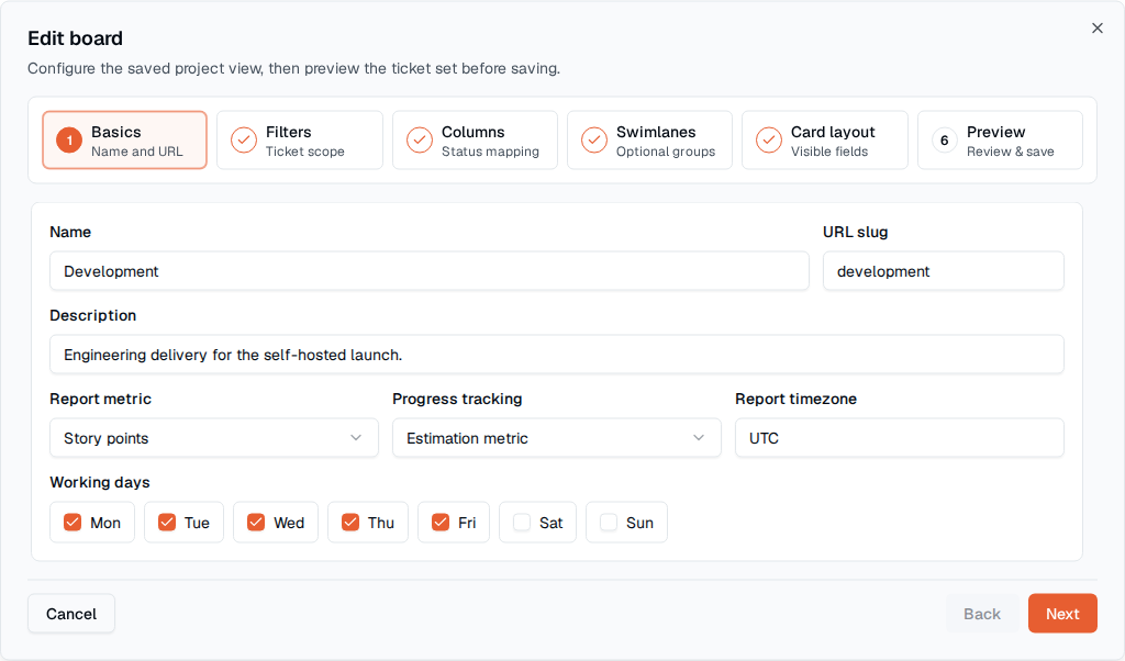 TOW board configuration showing filters, columns, swimlanes, card layout, and preview steps.