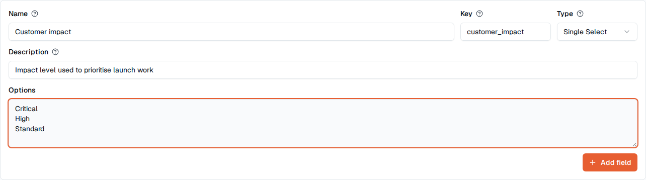 TOW-Ersteller für benutzerdefinierte Felder, gefüllt mit einem Feldnamen, einem Typ, einer Beschreibung und Optionen.