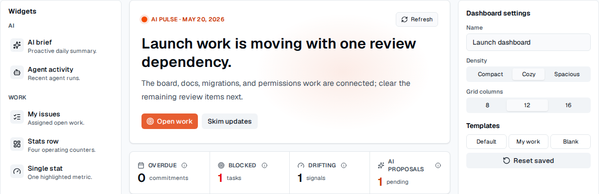 TOW-Dashboard-Editor mit konfigurierbaren Widgets und Layout-Steuerelementen.