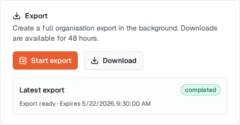 TOW organisation data controls showing import and export options.