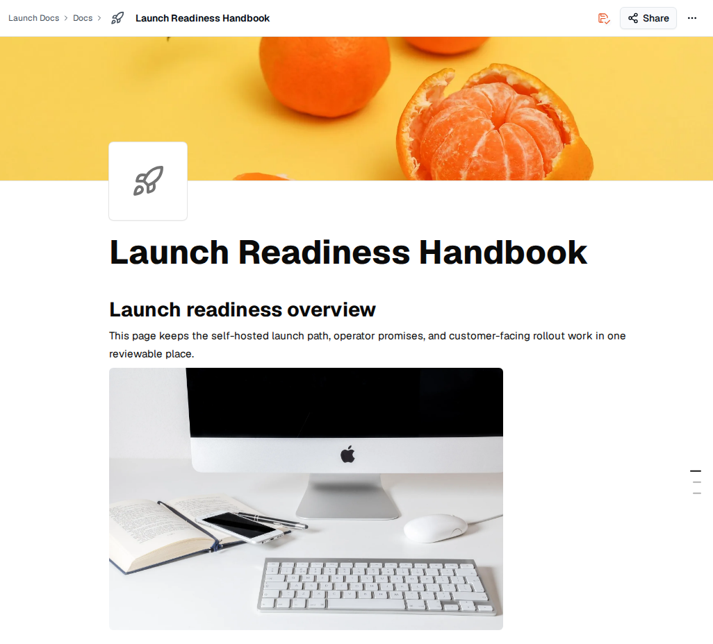 TOW rich document editor showing structured launch documentation.