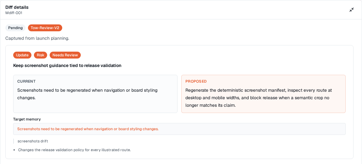 TOW memory review showing a proposed diff with approval controls and rationale.
