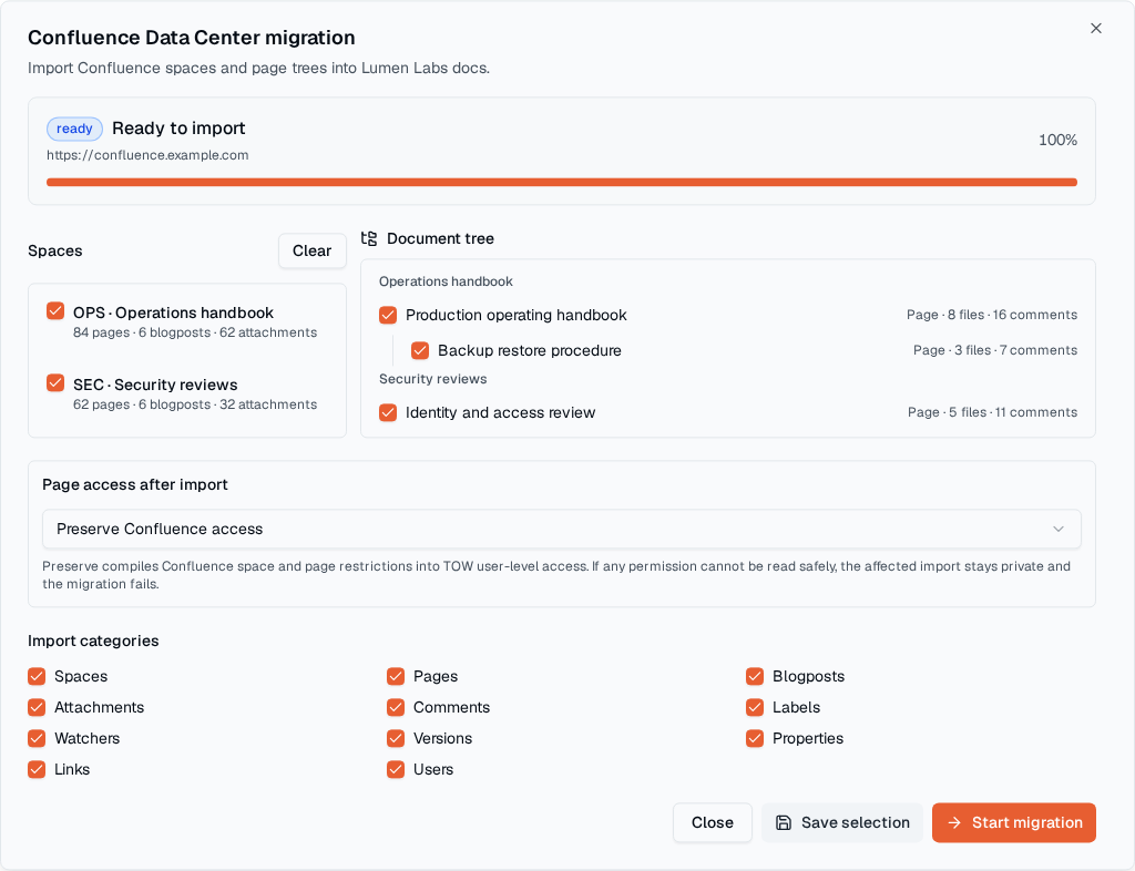 Die TOW-Migrationskonfiguration konzentrierte sich auf einen Confluence Data Center-Import.