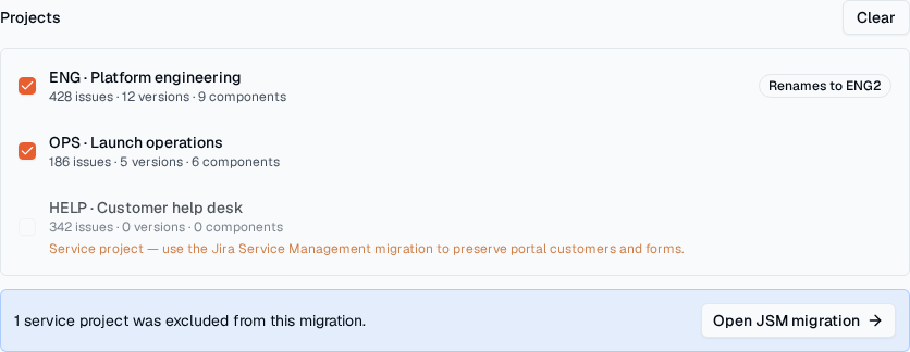 TOW-Migrationsanalyse mit erkannten Jira-Projekten, Objektanzahlen, Konflikten und Ausschlüssen.