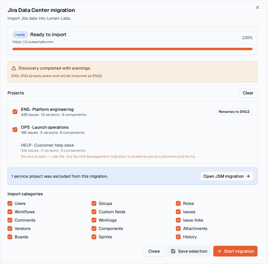 Die TOW-Migrationskonfiguration konzentrierte sich auf einen Jira Data Center-Import.