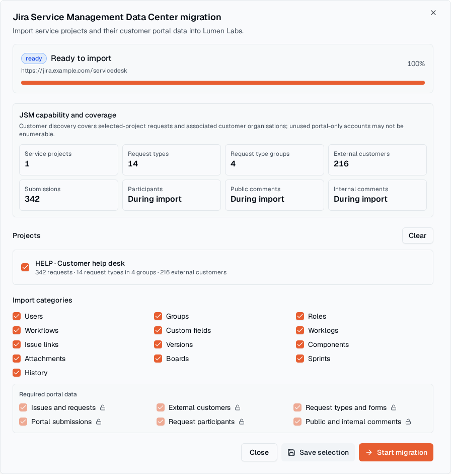 Die TOW-Migrationskonfiguration konzentrierte sich auf einen Jira Service Management Data Center-Import.