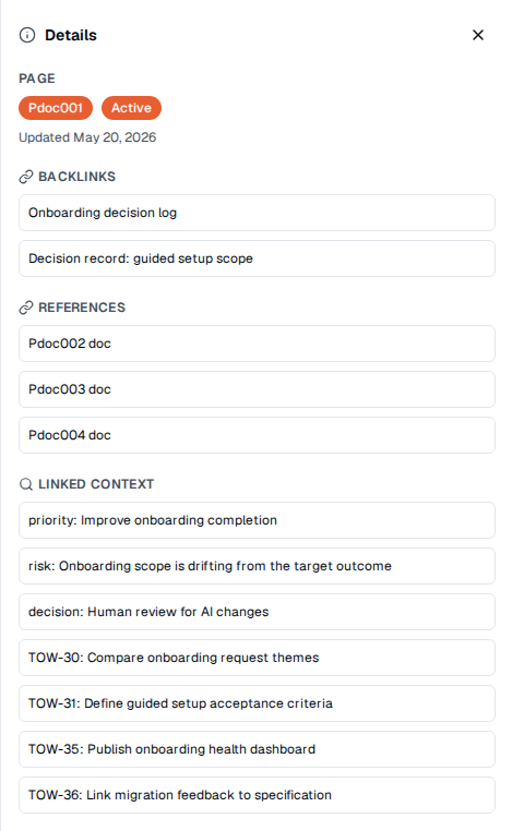 TOW-Produktdokumentdetails mit Backlinks, Referenzen und verknüpftem Lieferkontext.