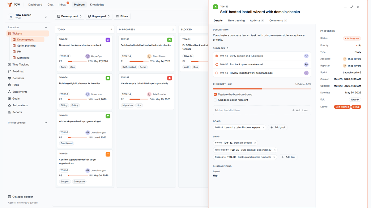 Vollständiger TOW-Projektarbeitsbereich mit einem gefüllten Umsetzungsboard und einem geöffneten Arbeitsvorgang-Panel mit Fortschritt, Teilaufgaben, verknüpften Zielen und typisierten Vorgangsbeziehungen.