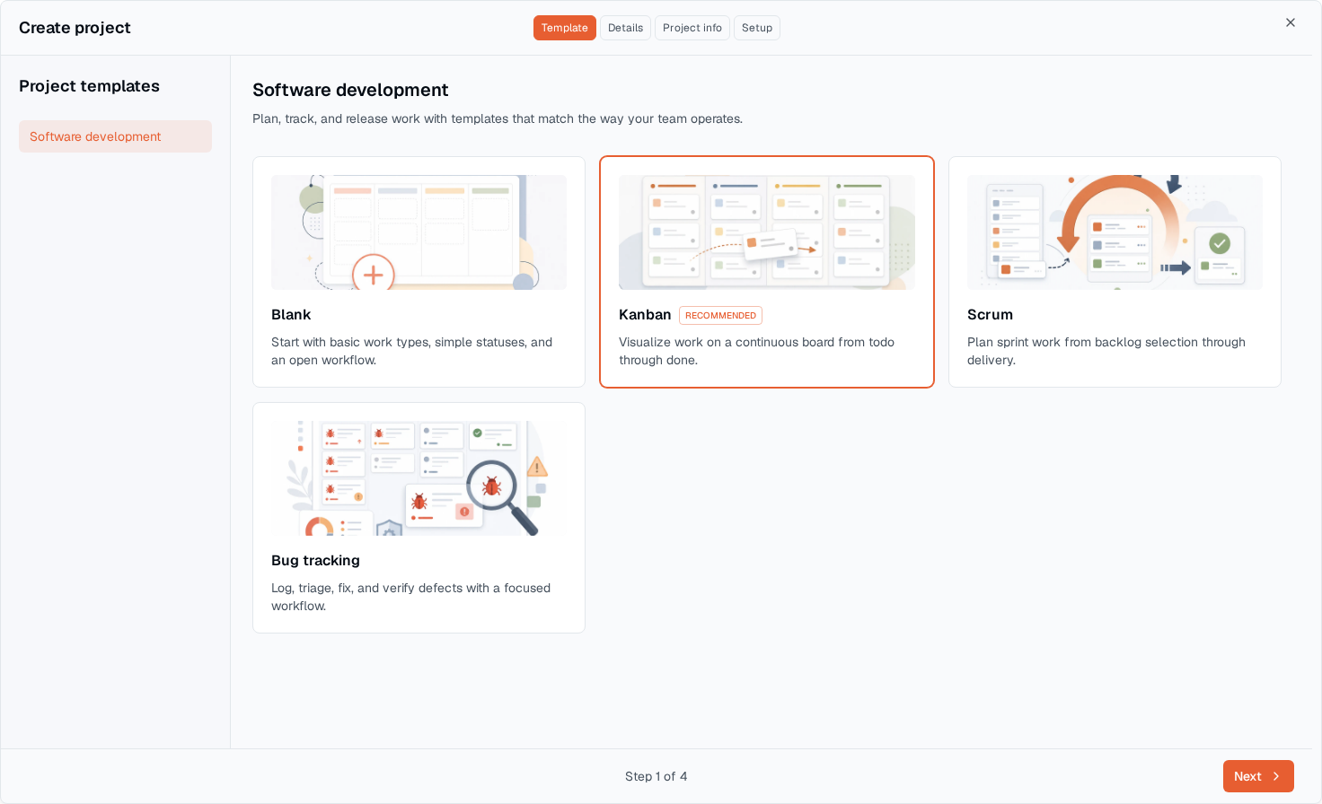 TOW project creation showing Blank, Kanban, Scrum, and Bug Tracking templates.