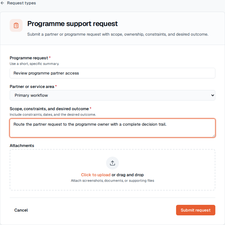 Antragsformular für TOW-Partner für öffentliche Programme mit dem erforderlichen Kontext und einem gezielten Einreichungspfad.