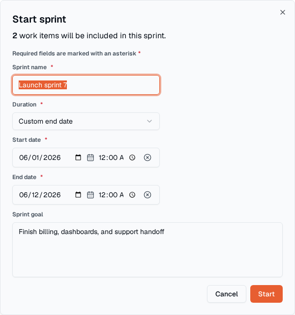 TOW-Sprint-Editor mit Sprintdaten, Ziel und der Anzahl der ausgewählten Arbeitselemente.